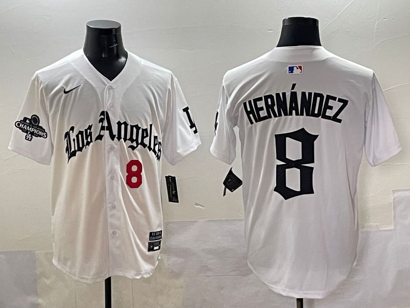Men 2025 Los Angeles Dodgers #8 Hernandez White Five generations Joint Name Nike MLB Jersey style 5184
